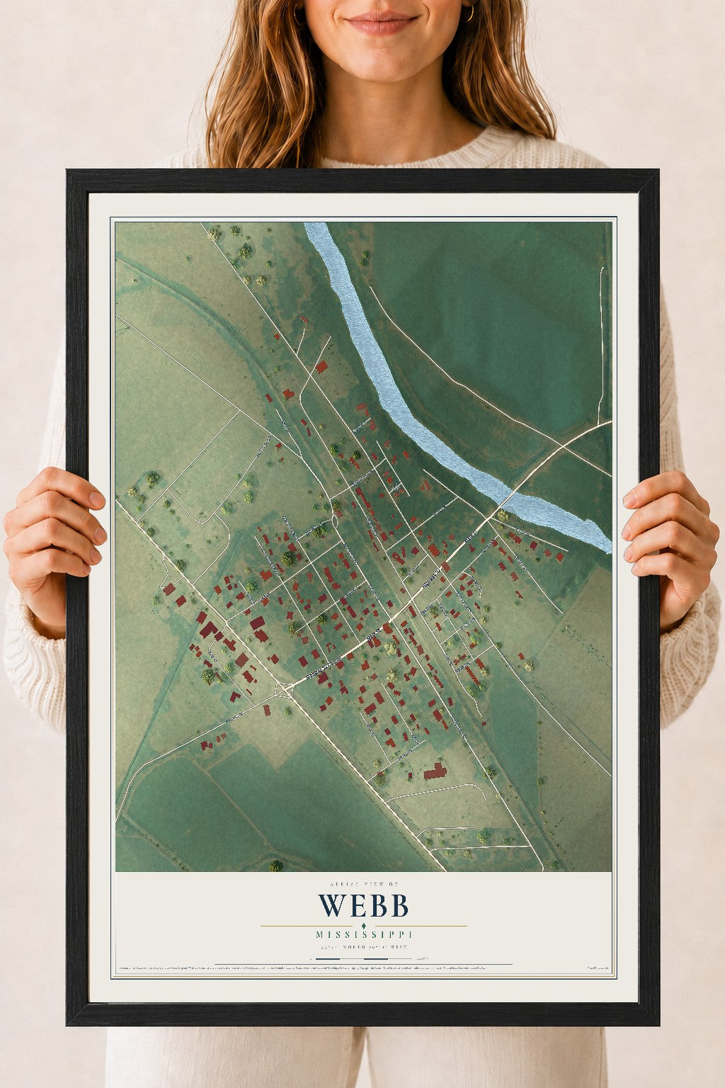 Map of Webb, Mississippi, 18 x 24 inch print in a black wood frame