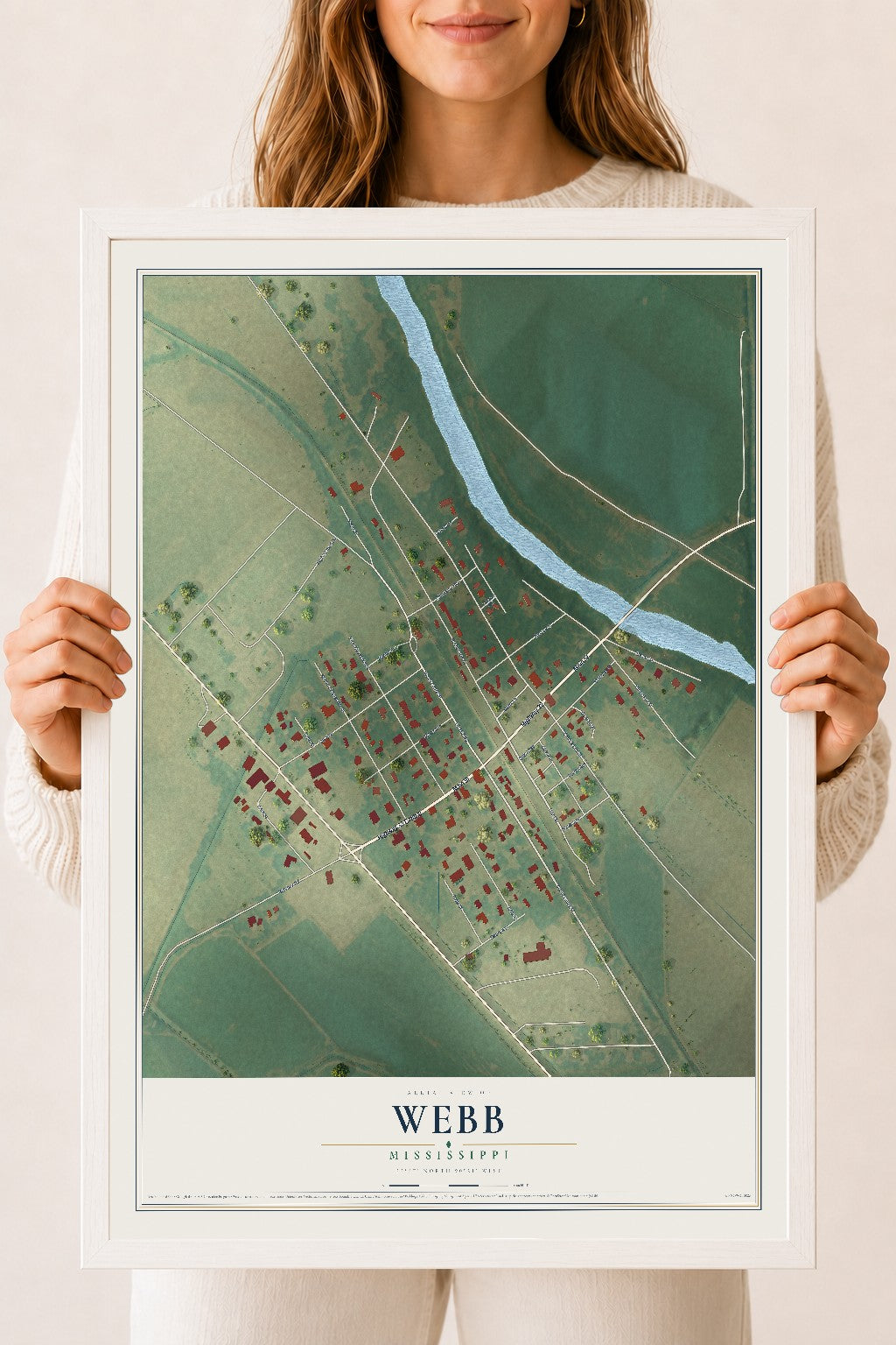 Map of Webb, Mississippi, 18 x 24 inch print in a white wood frame