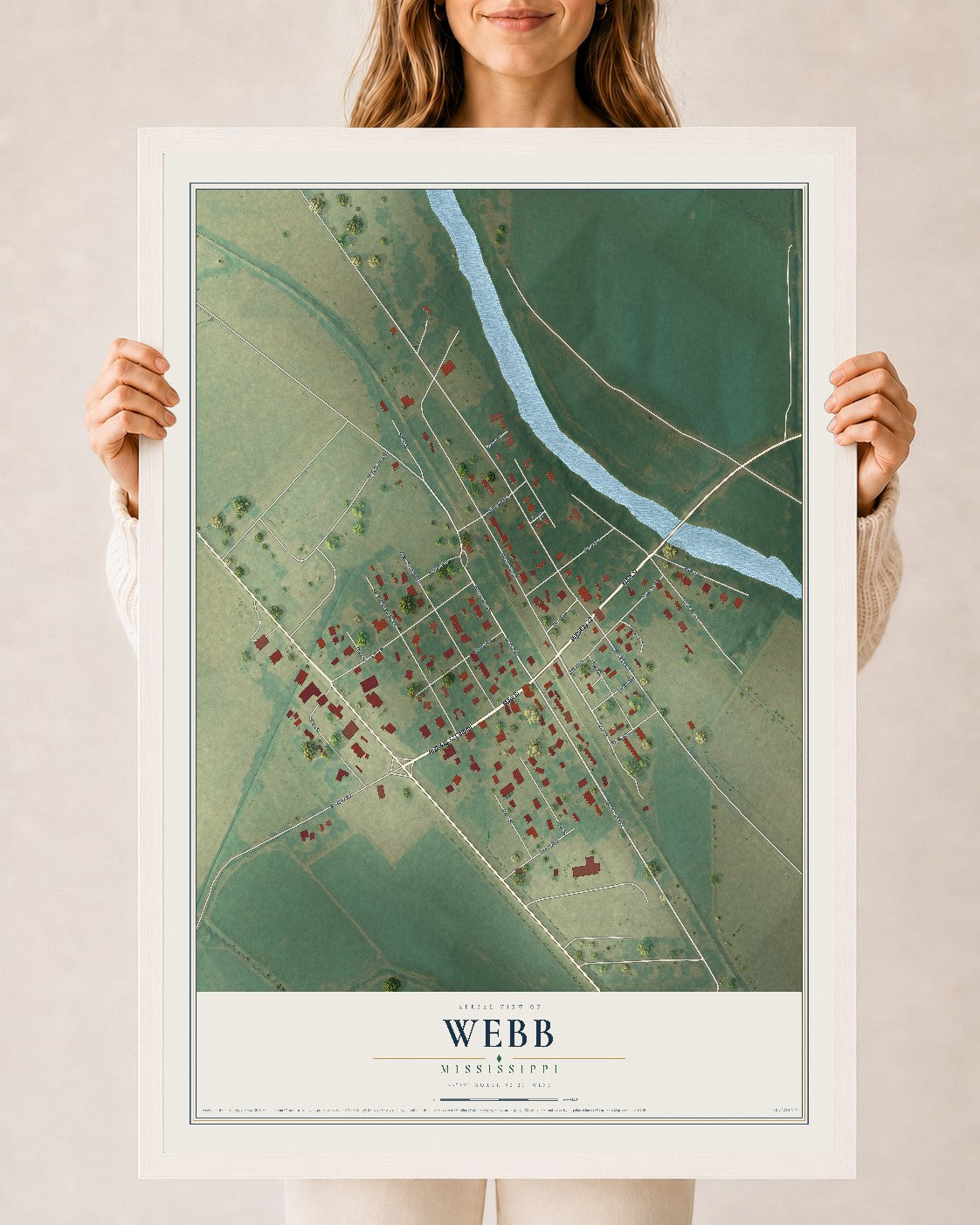 Map of Webb, Mississippi, 24 x 36 inch print in a white wood frame