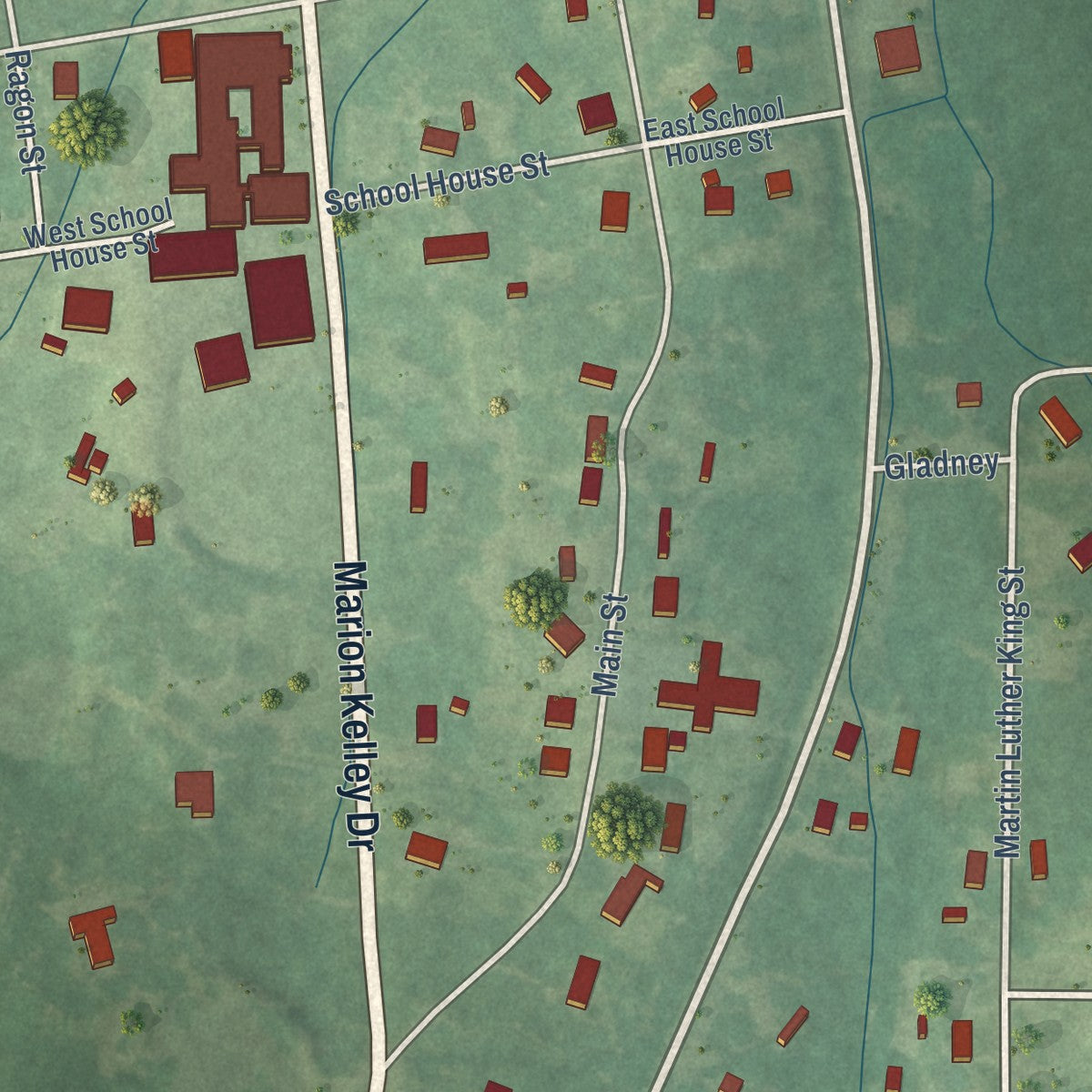Close-up of the map of Weir, Mississippi print showing street and building detail
