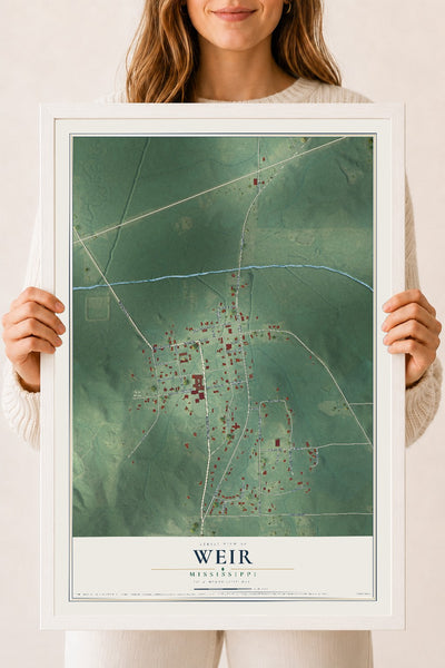 Map of Weir, Mississippi, 18 x 24 inch print in a white wood frame