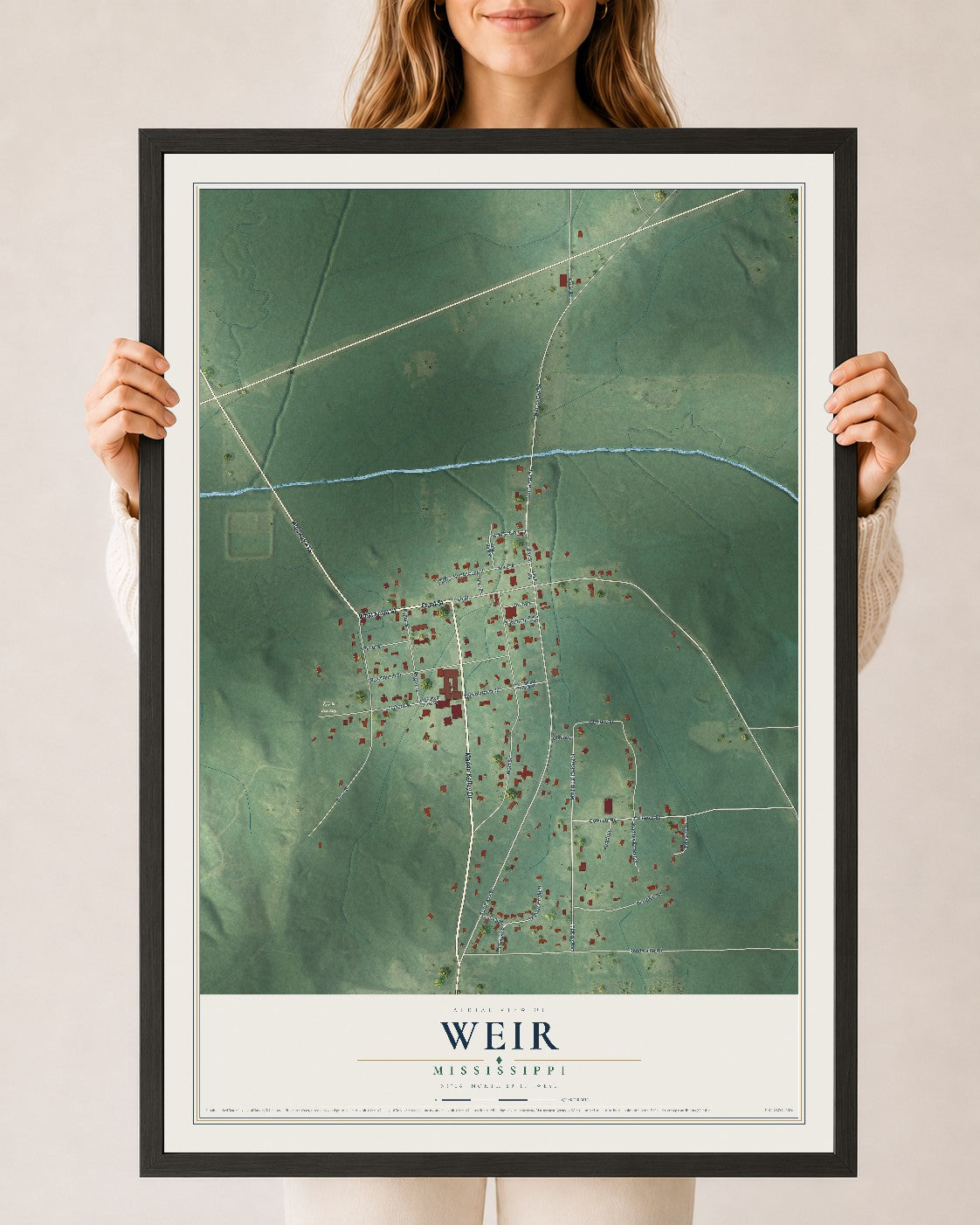Map of Weir, Mississippi, 24 x 36 inch print in a black wood frame