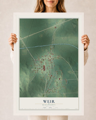 Map of Weir, Mississippi, 24 x 36 inch print in a white wood frame