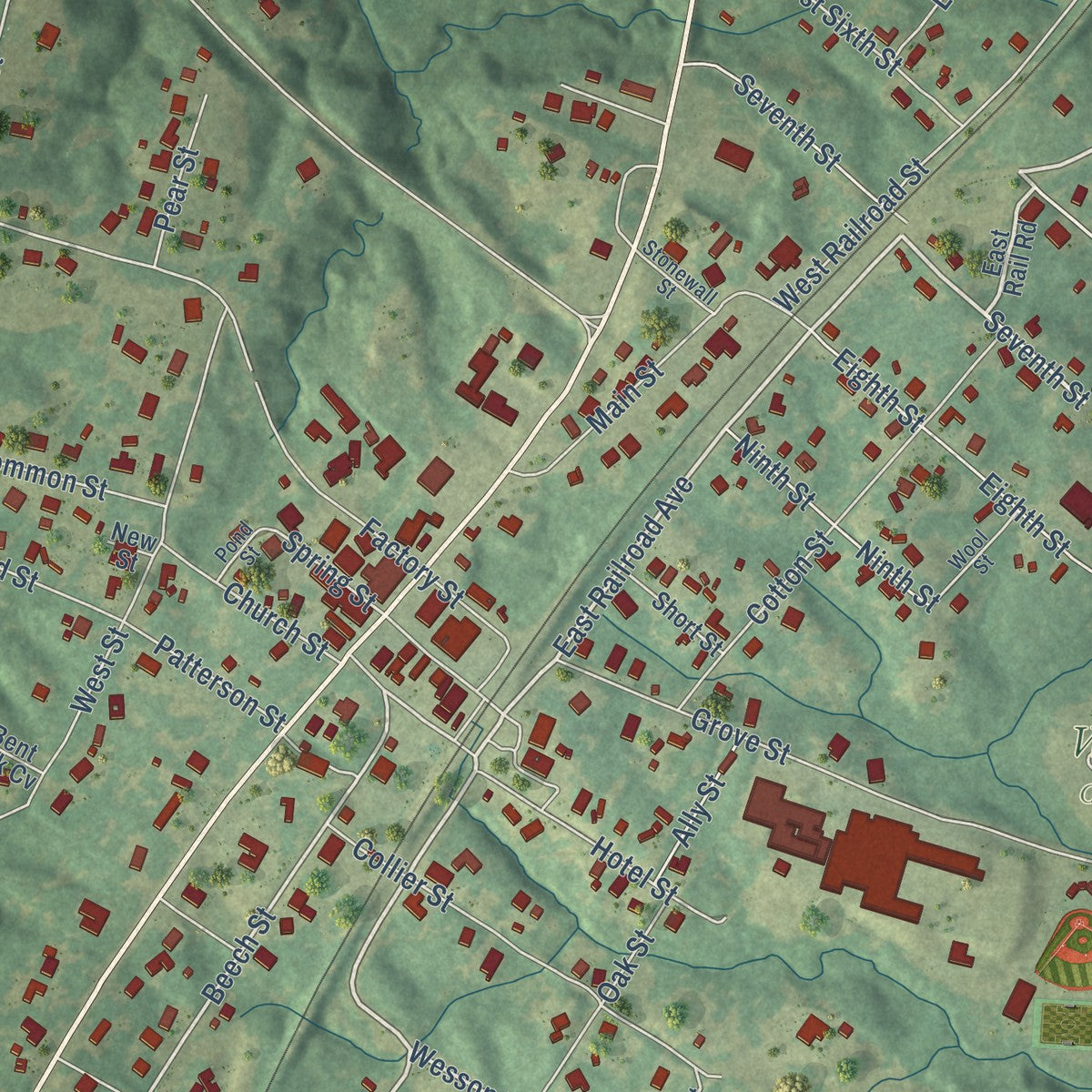 Close-up of the map of Wesson, Mississippi print showing street and building detail