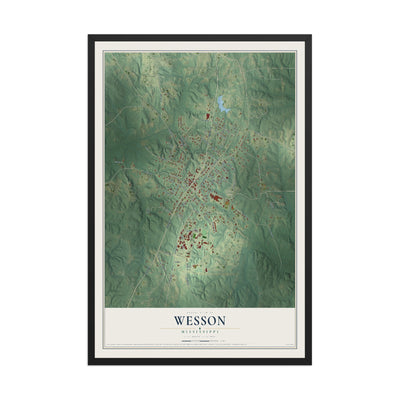 Map of Wesson, Mississippi, 12 x 18 inch print in a black wood frame