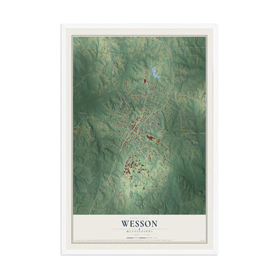 Map of Wesson, Mississippi, 12 x 18 inch print in a white wood frame