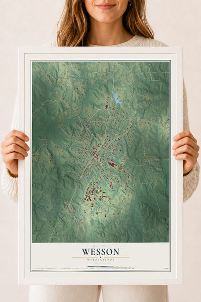 Map of Wesson, Mississippi, 18 x 24 inch print in a white wood frame