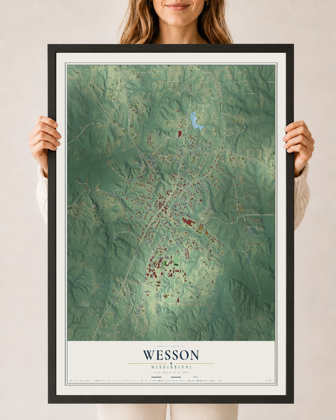 Map of Wesson, Mississippi, 24 x 36 inch print in a black wood frame