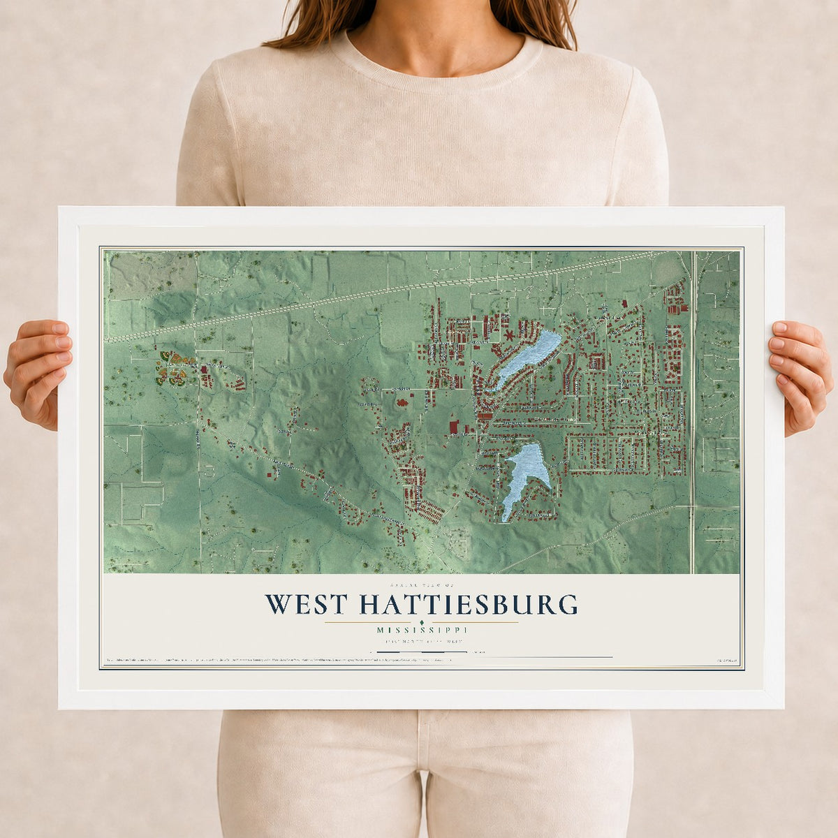 Map of West Hattiesburg, Mississippi, 12 x 18 inch print in a white wood frame