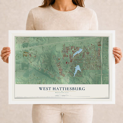 Map of West Hattiesburg, Mississippi, 12 x 18 inch print in a white wood frame