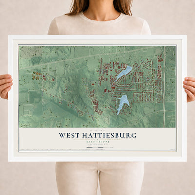 Map of West Hattiesburg, Mississippi, 18 x 24 inch print in a white wood frame