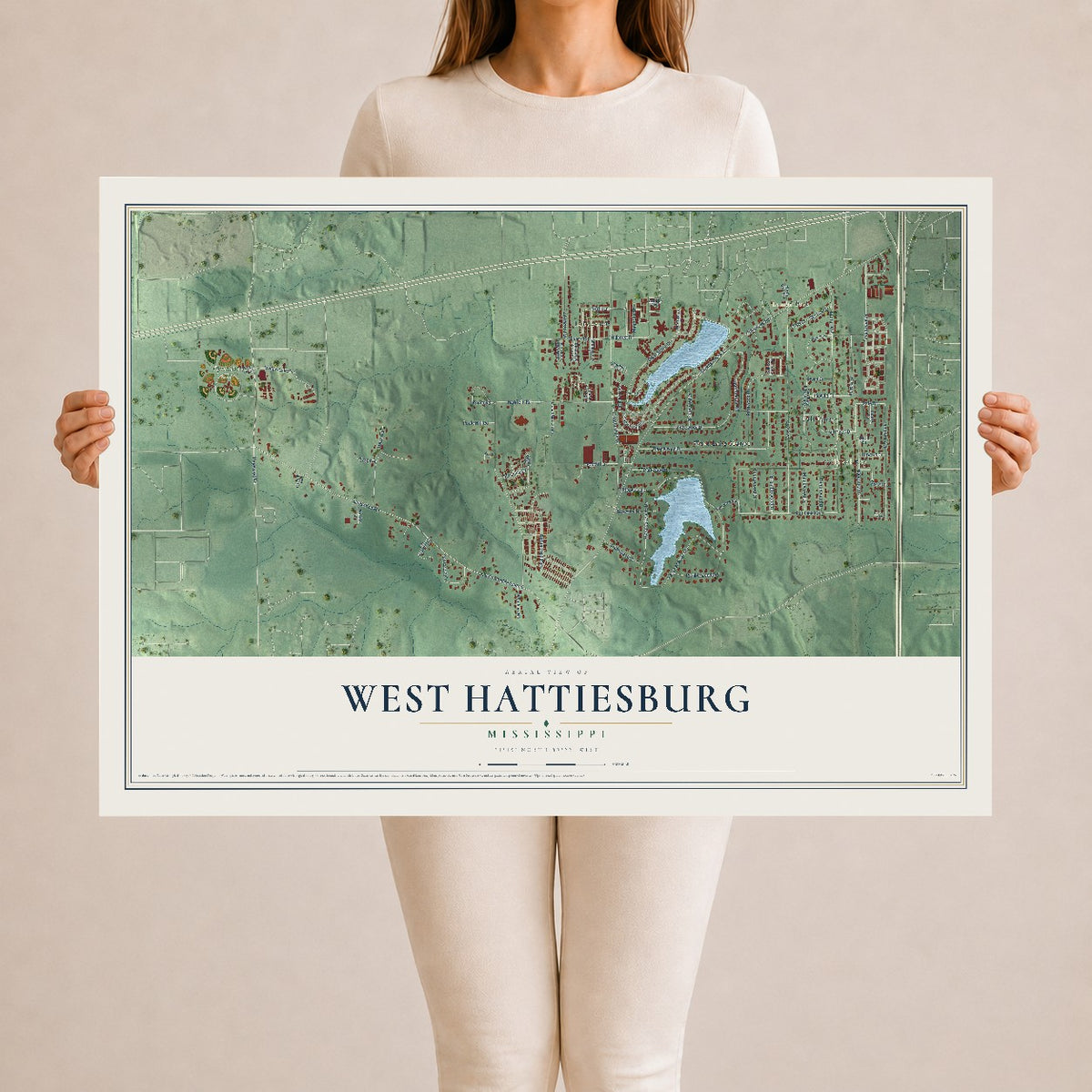 Map of West Hattiesburg, Mississippi, 24 x 36 inch unframed archival matte print