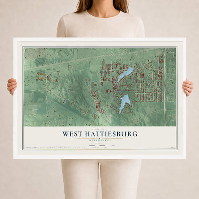 Map of West Hattiesburg, Mississippi, 24 x 36 inch print in a white wood frame