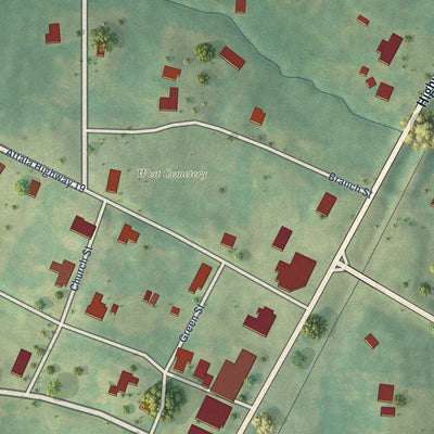 Close-up of the map of West, Mississippi print showing street and building detail