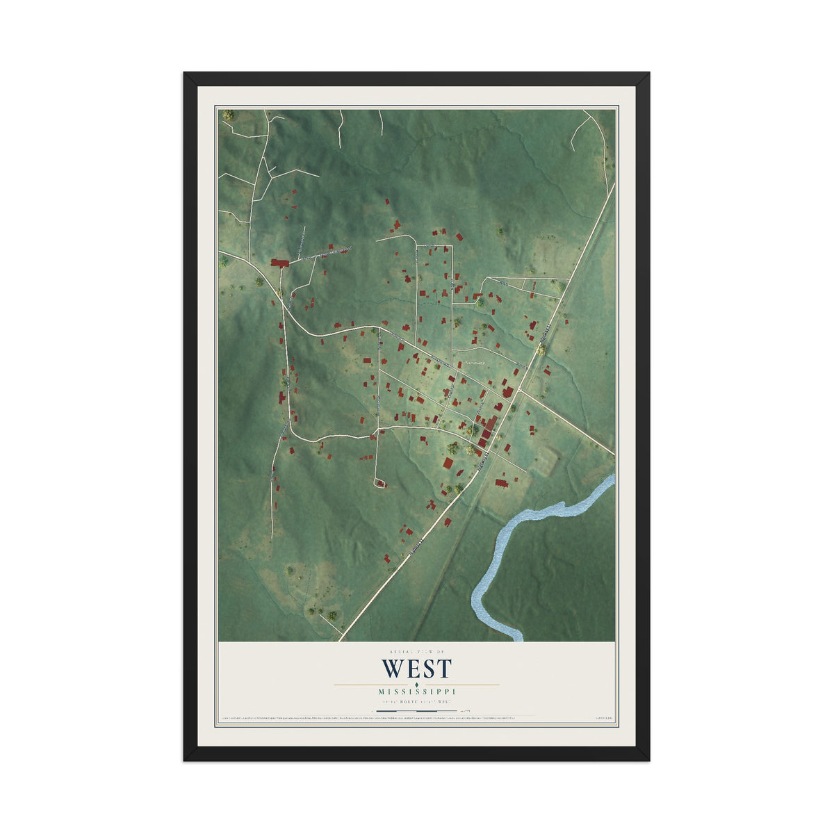 Map of West, Mississippi, 12 x 18 inch print in a black wood frame