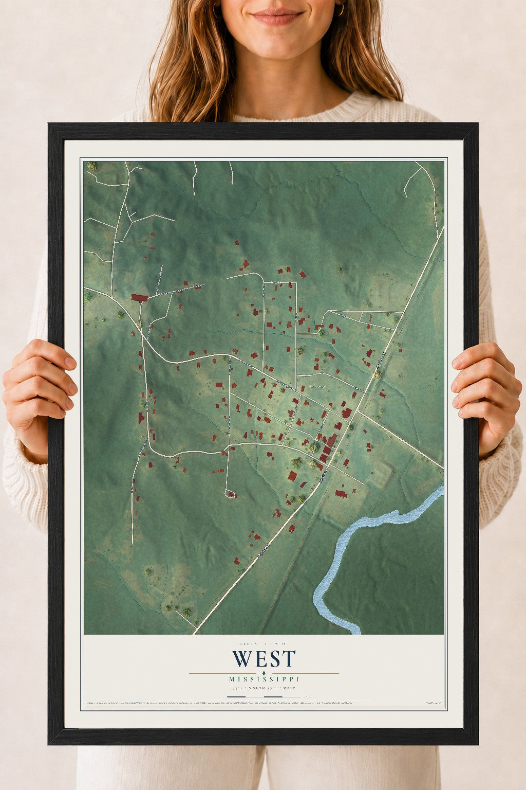 Map of West, Mississippi, 18 x 24 inch print in a black wood frame