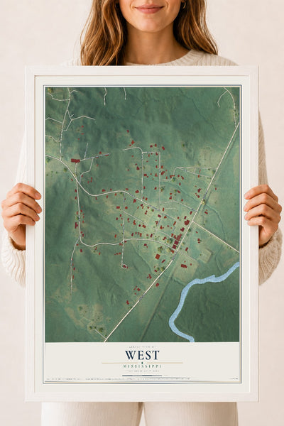 Map of West, Mississippi, 18 x 24 inch print in a white wood frame