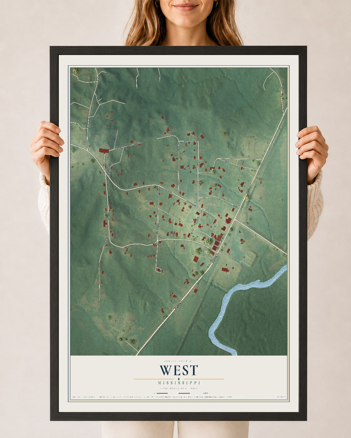 Map of West, Mississippi, 24 x 36 inch print in a black wood frame