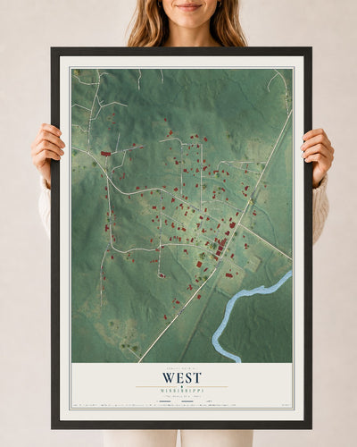 Map of West, Mississippi, 24 x 36 inch print in a black wood frame
