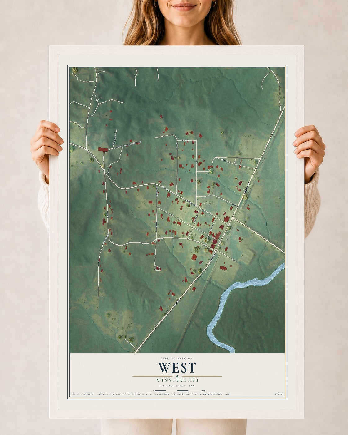 Map of West, Mississippi, 24 x 36 inch print in a white wood frame