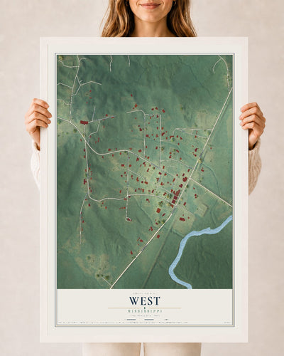 Map of West, Mississippi, 24 x 36 inch print in a white wood frame
