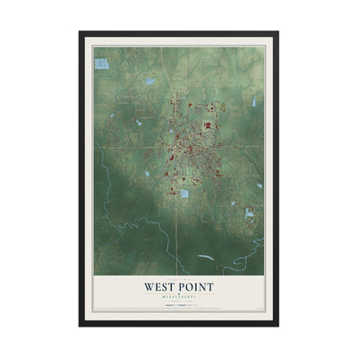 Map of West Point, Mississippi, 12 x 18 inch print in a black wood frame