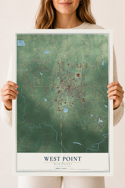 Map of West Point, Mississippi, 18 x 24 inch unframed archival matte print