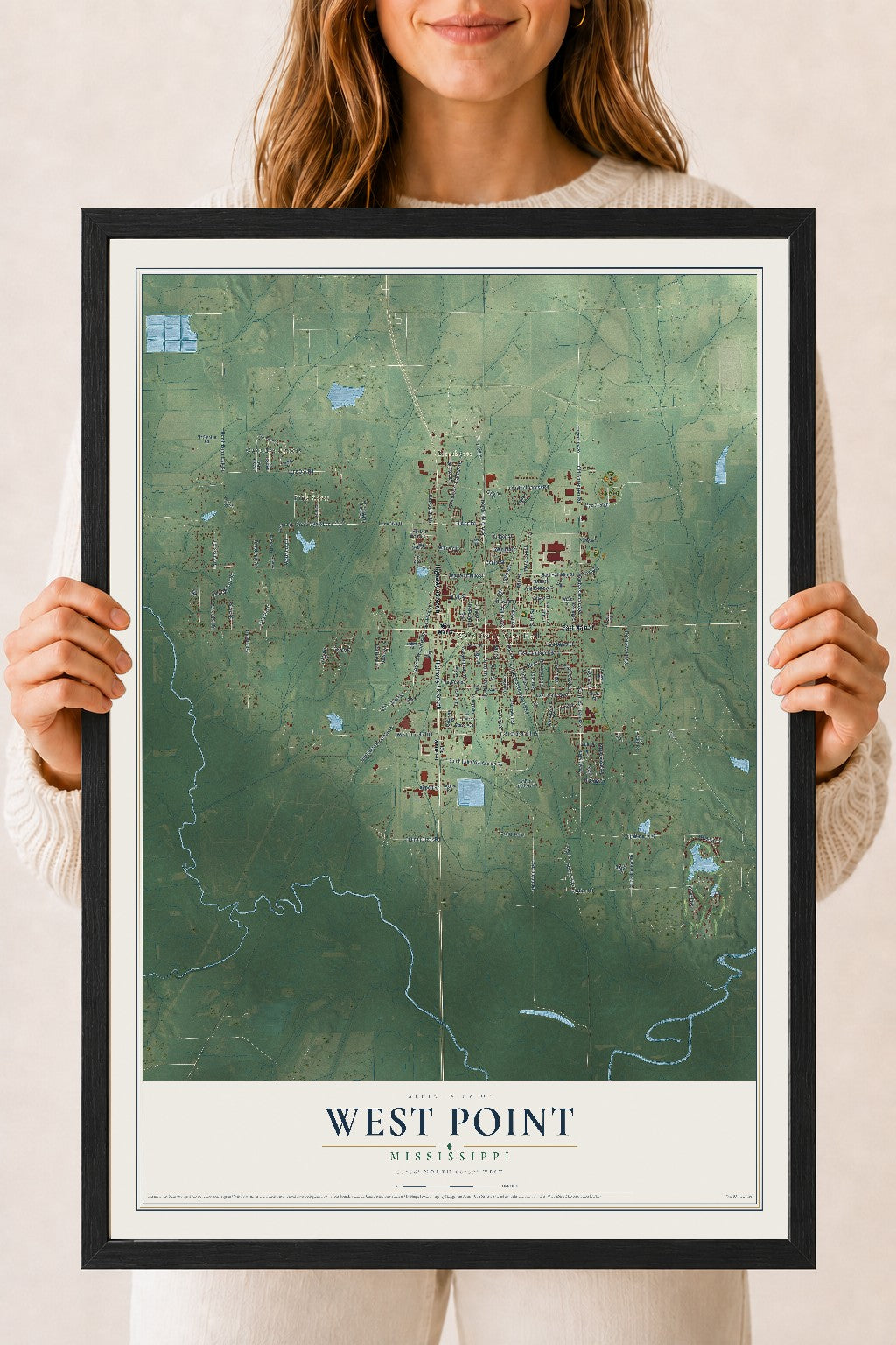 Map of West Point, Mississippi, 18 x 24 inch print in a black wood frame