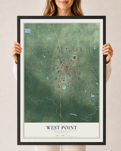 Map of West Point, Mississippi, 24 x 36 inch print in a black wood frame