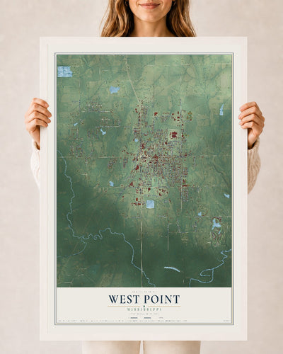 Map of West Point, Mississippi, 24 x 36 inch print in a white wood frame