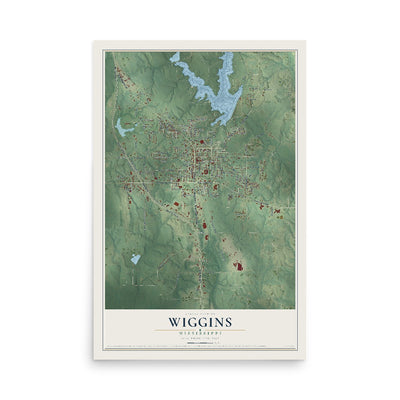 Map of Wiggins, Mississippi, 12 x 18 inch unframed archival matte print
