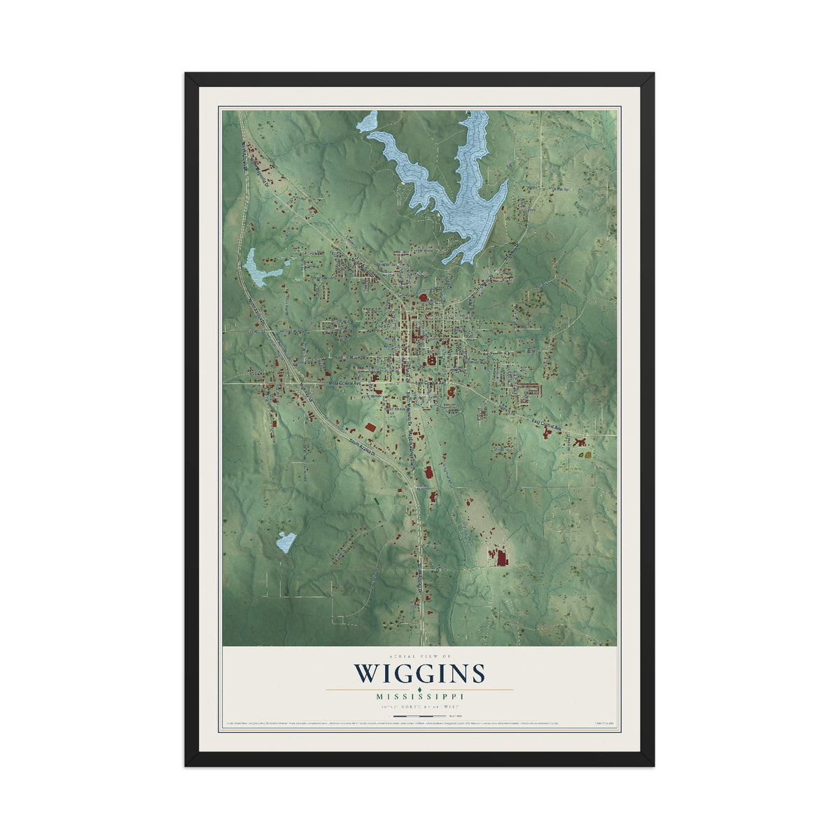 Map of Wiggins, Mississippi, 12 x 18 inch print in a black wood frame
