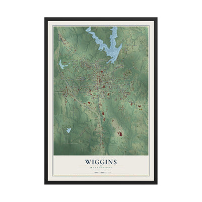 Map of Wiggins, Mississippi, 12 x 18 inch print in a black wood frame