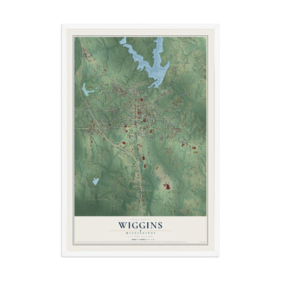 Map of Wiggins, Mississippi, 12 x 18 inch print in a white wood frame