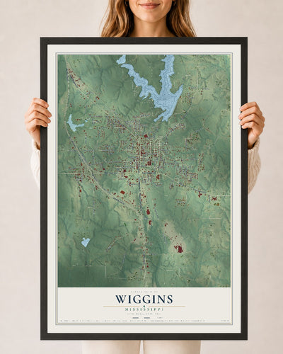 Map of Wiggins, Mississippi, 24 x 36 inch print in a black wood frame