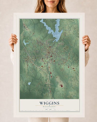 Map of Wiggins, Mississippi, 24 x 36 inch print in a white wood frame