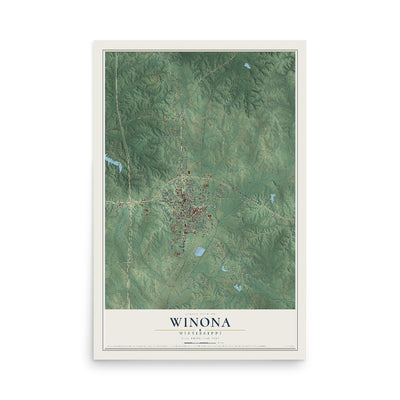 Map of Winona, Mississippi, 12 x 18 inch unframed archival matte print