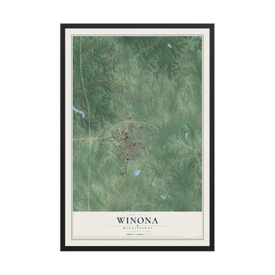 Map of Winona, Mississippi, 12 x 18 inch print in a black wood frame