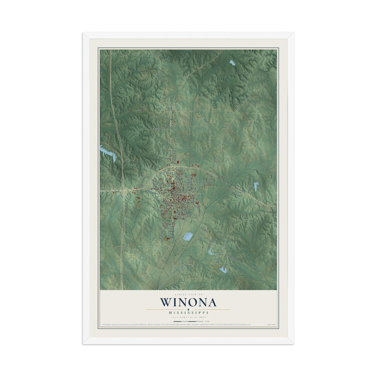Map of Winona, Mississippi, 12 x 18 inch print in a white wood frame