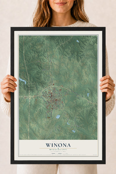 Map of Winona, Mississippi, 18 x 24 inch print in a black wood frame