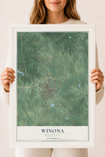 Map of Winona, Mississippi, 18 x 24 inch print in a white wood frame