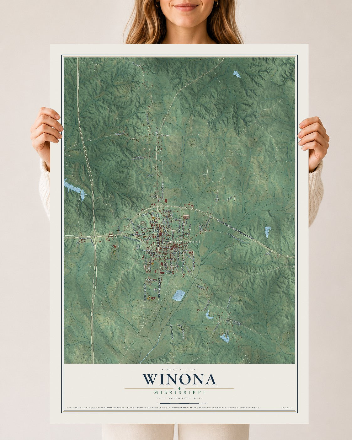 Map of Winona, Mississippi, 24 x 36 inch unframed archival matte print