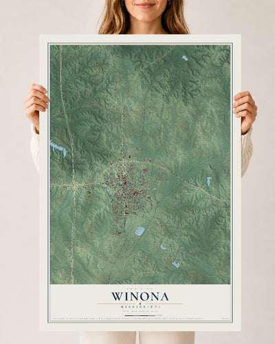 Map of Winona, Mississippi, 24 x 36 inch unframed archival matte print