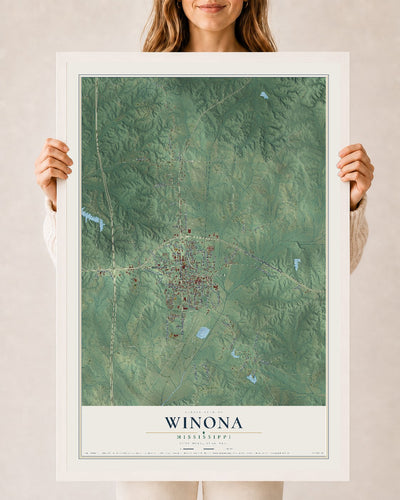 Map of Winona, Mississippi, 24 x 36 inch print in a white wood frame