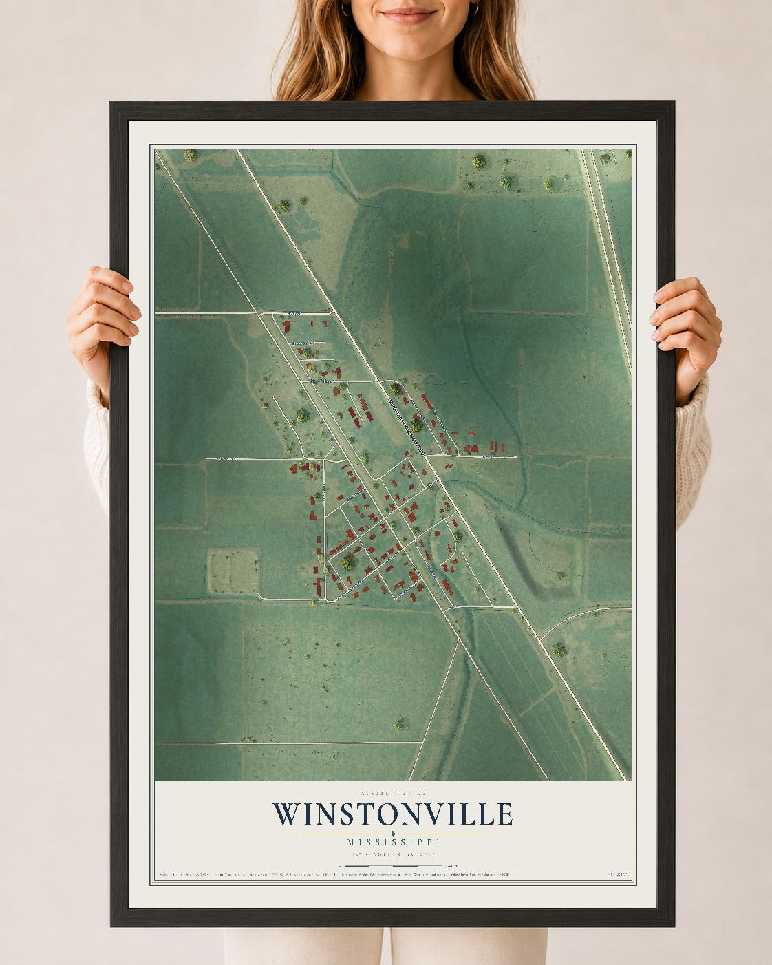Map of Winstonville, Mississippi, 24 x 36 inch print in a black wood frame