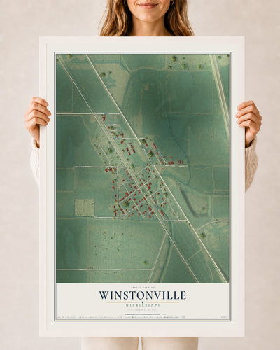 Map of Winstonville, Mississippi, 24 x 36 inch print in a white wood frame
