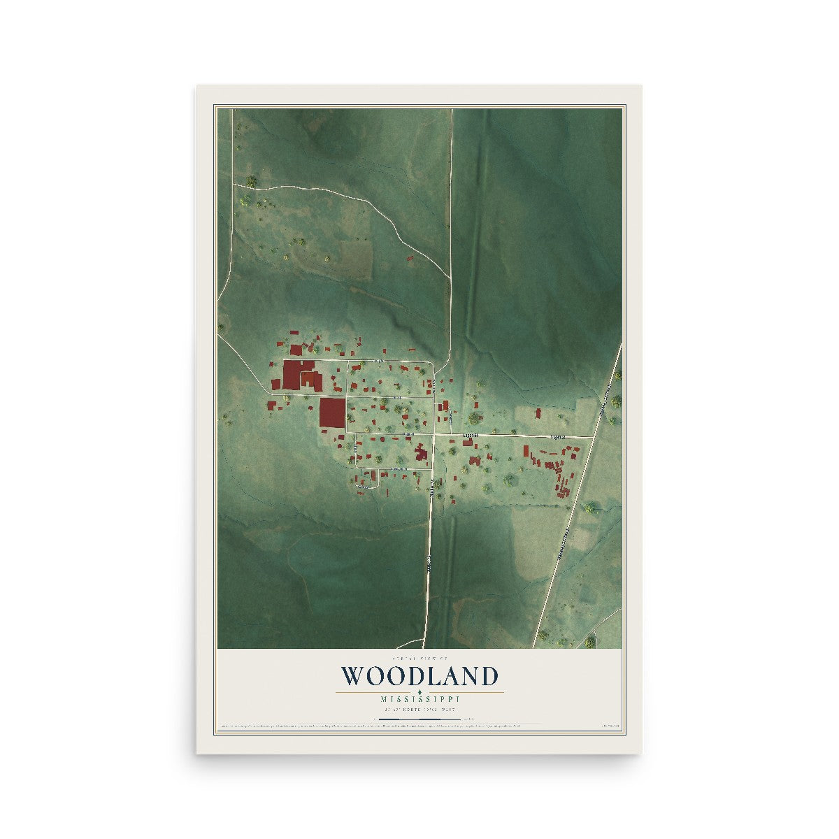 Map of Woodland, Mississippi, 12 x 18 inch unframed archival matte print