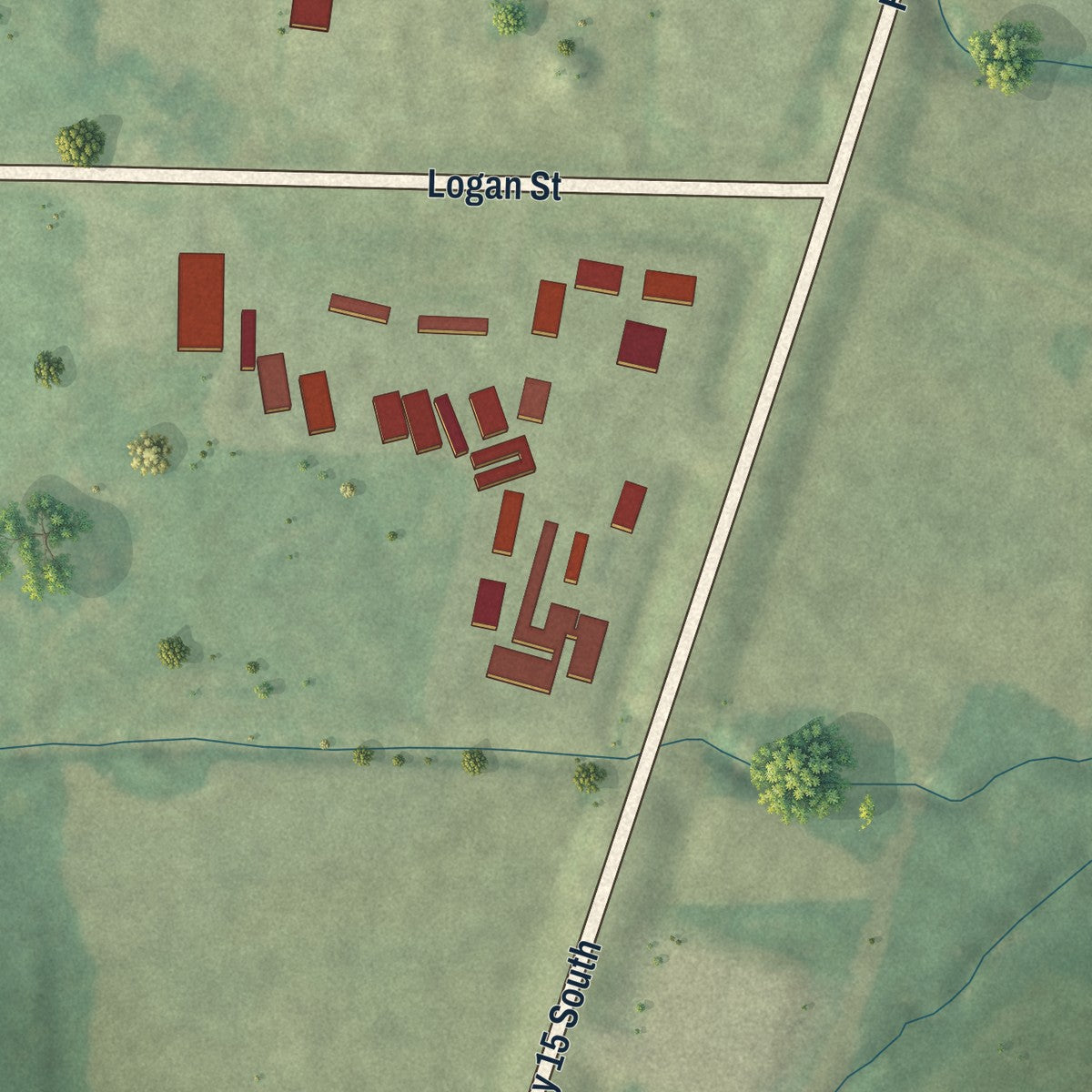 Second close-up of the map of Woodland, Mississippi print showing more streets and buildings