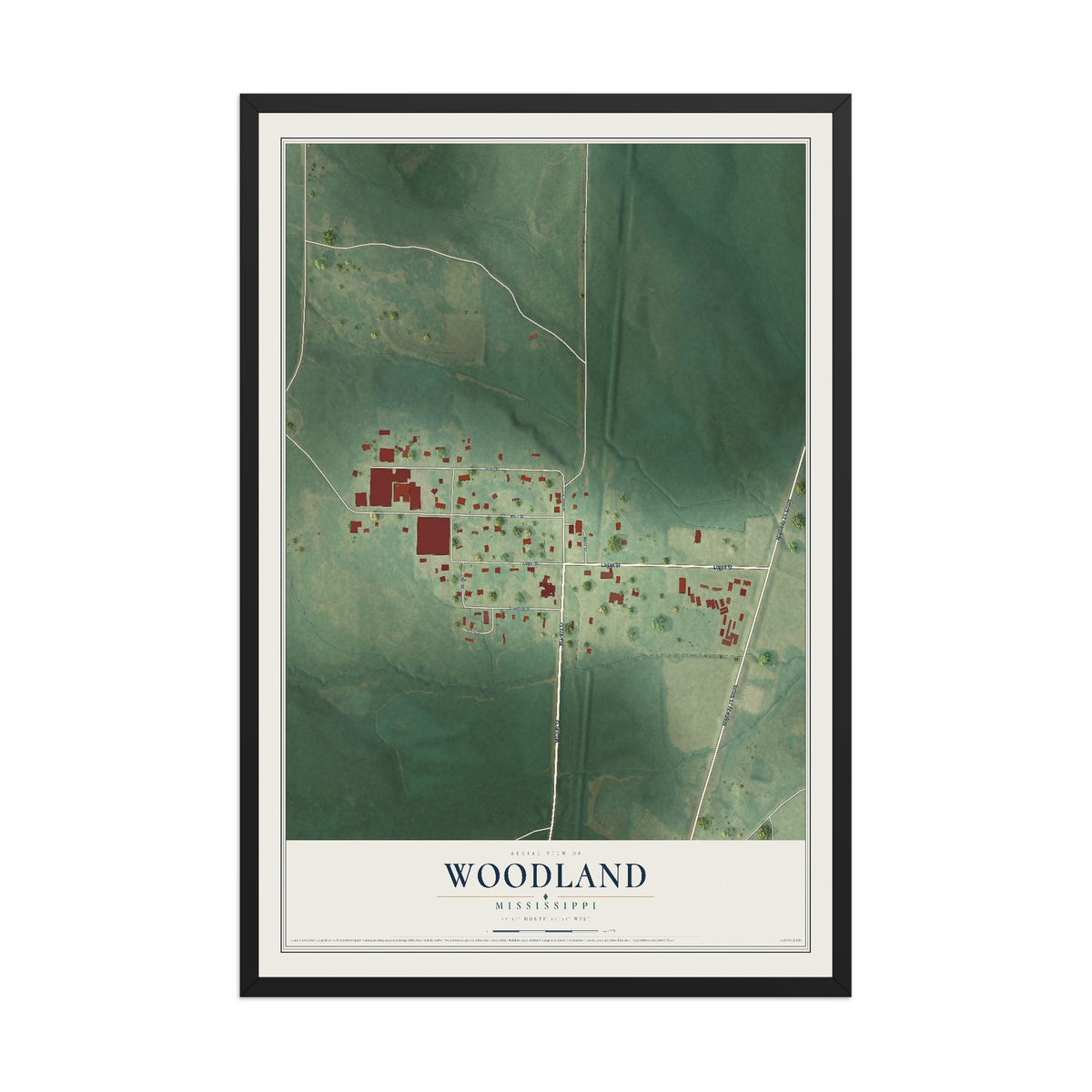 Map of Woodland, Mississippi, 12 x 18 inch print in a black wood frame