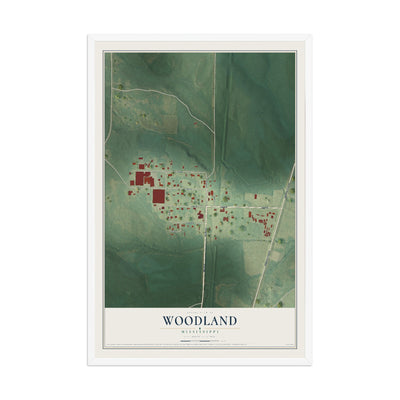 Map of Woodland, Mississippi, 12 x 18 inch print in a white wood frame